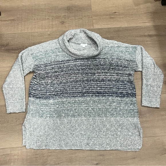 J Jill Cowl‎ Neck 3/4 Sleeve Medium Gray Blue Striped Tunic Sweater Wool Blend - Picture 4 of 11